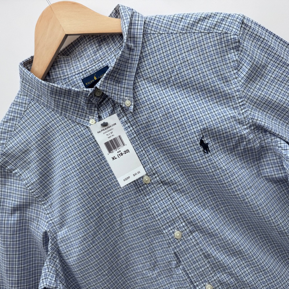 Ralph Lauren Button Down Shirt Boys XL (18-20) Navy Blue Micro Check Plaid NWT